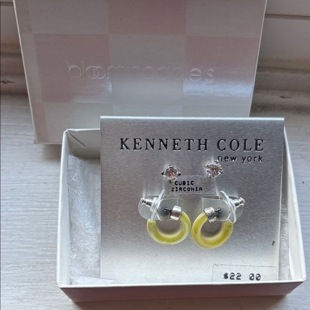 2prs Kenneth Cole Silver Cubic Zirconia Studs & Yellow Hoop Huggies gift box NWT